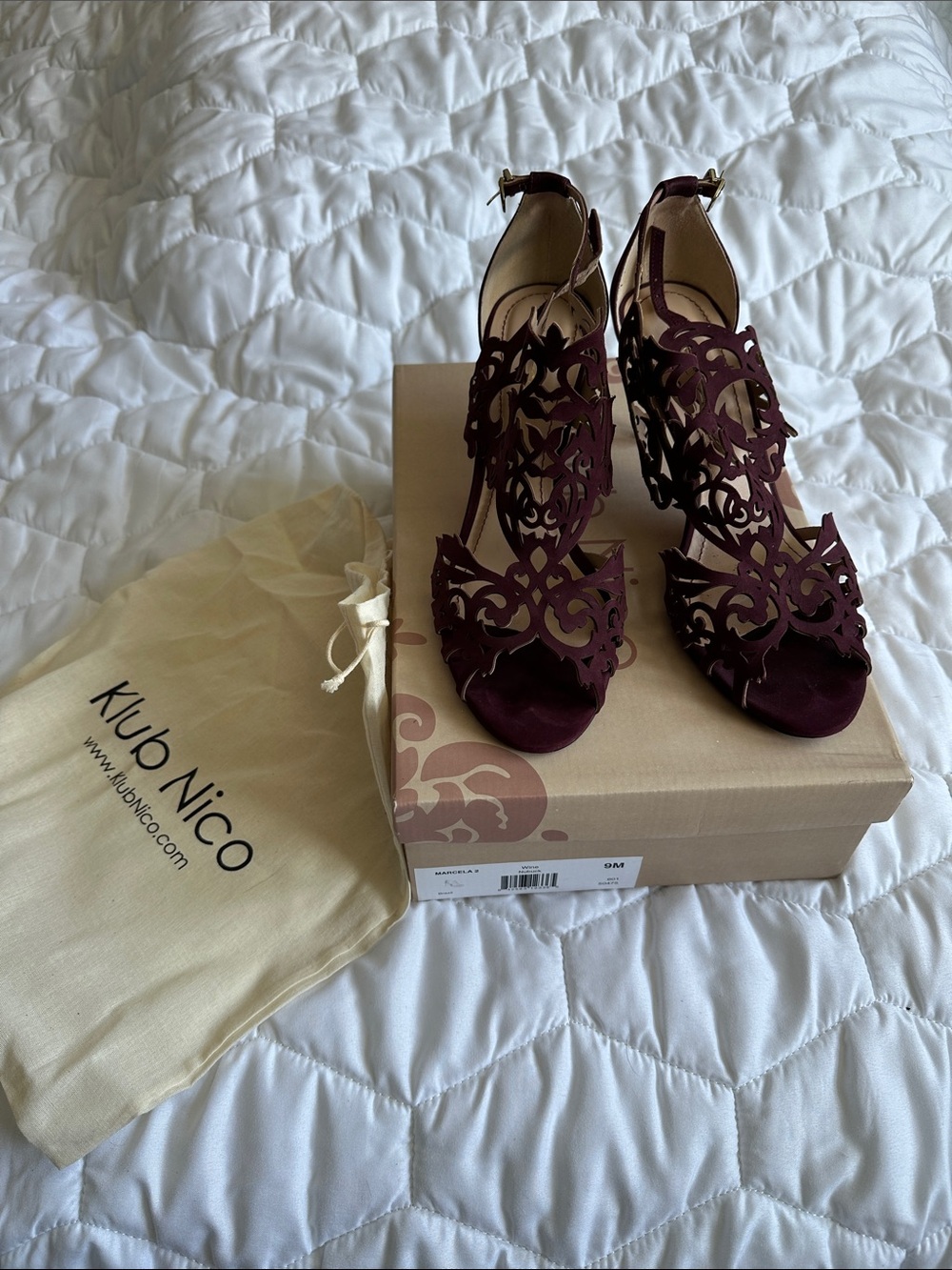 Klub Nico Women's Laser-Cut Ankle-Strap Heels in Burgundy